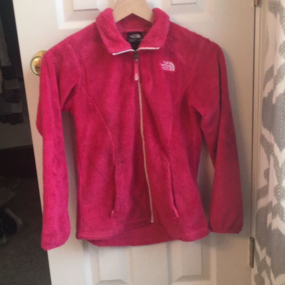 Pink fuzzy north face jacket